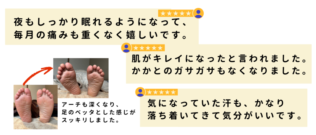 alt="睡眠の質向上、生理痛の軽減、肌の改善、汗の悩みが落ち着いたなど、よもぎ蒸しと足つぼの効果を実感した口コミ画像"