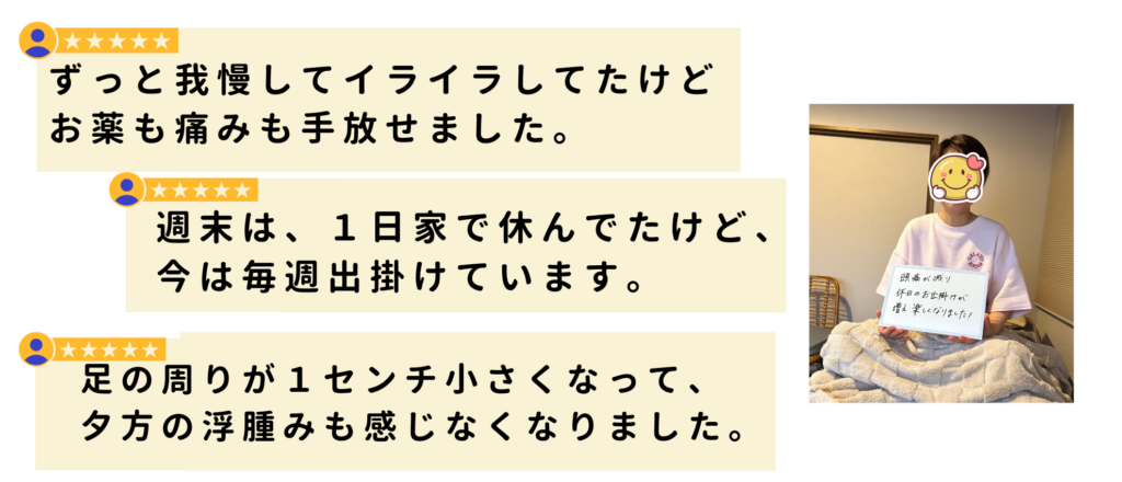 alt="イライラや痛みが減り薬を手放せた、週末も元気に過ごせるようになった、むくみ改善で足が細くなったという体験談の画像"